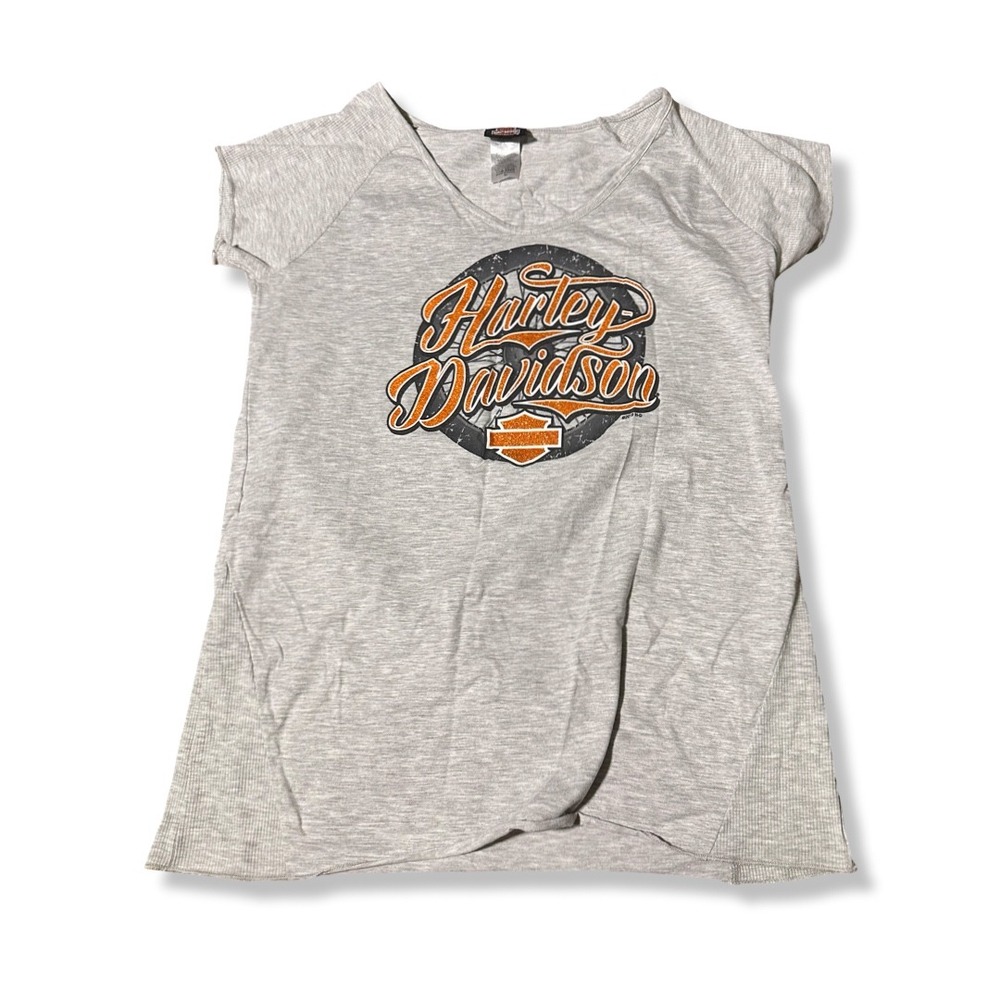 Harley Davidson Graphic Top Womens M Gray Excellent Glitter Logo Tulip Hem